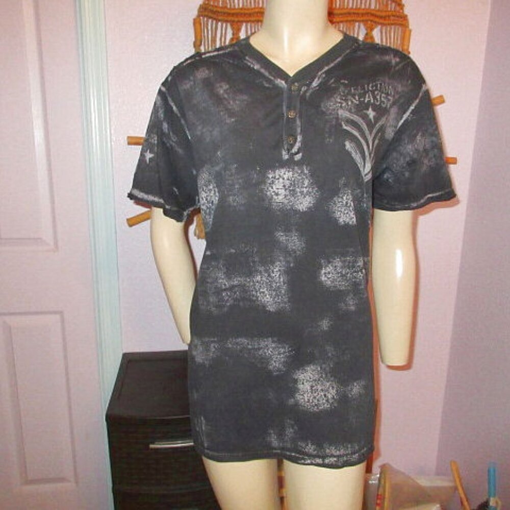 Affliction Ace Of Spades Henley T-Shirt Size L Skull Textured Cyber Grunge Y2K